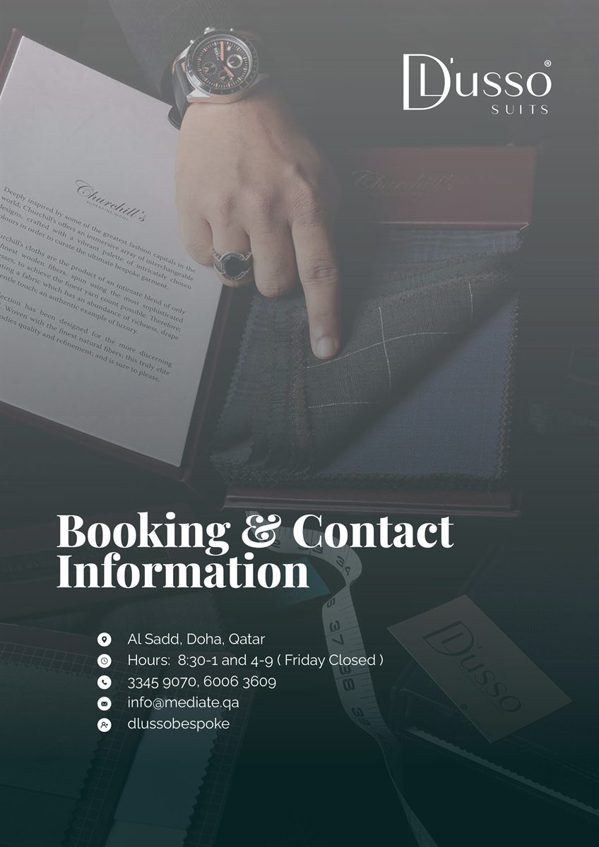 The back side of the D'Lusso printed profile with booking and contact information.