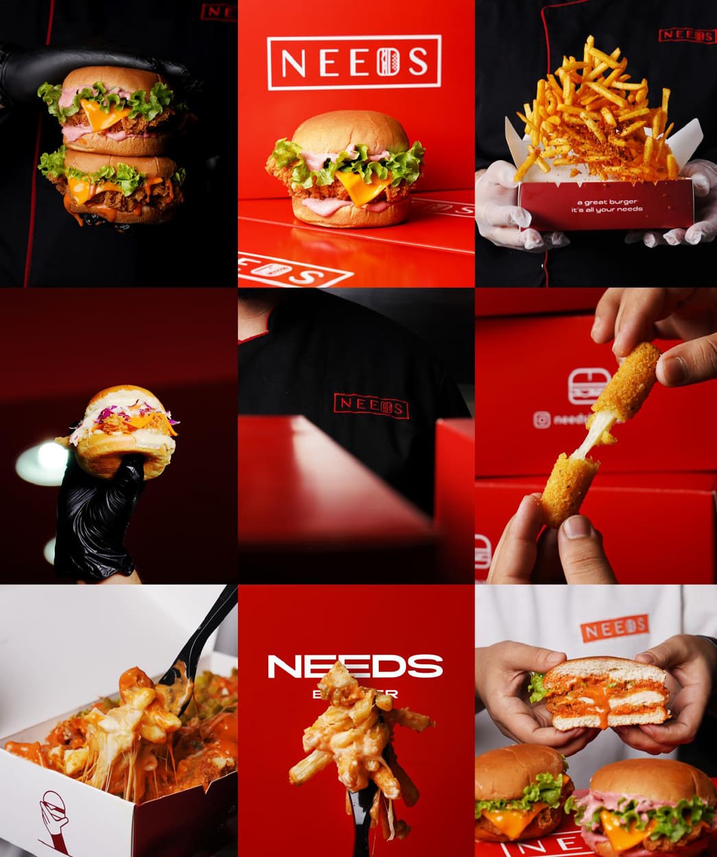 The NEEDS Burger grid in saturated red.