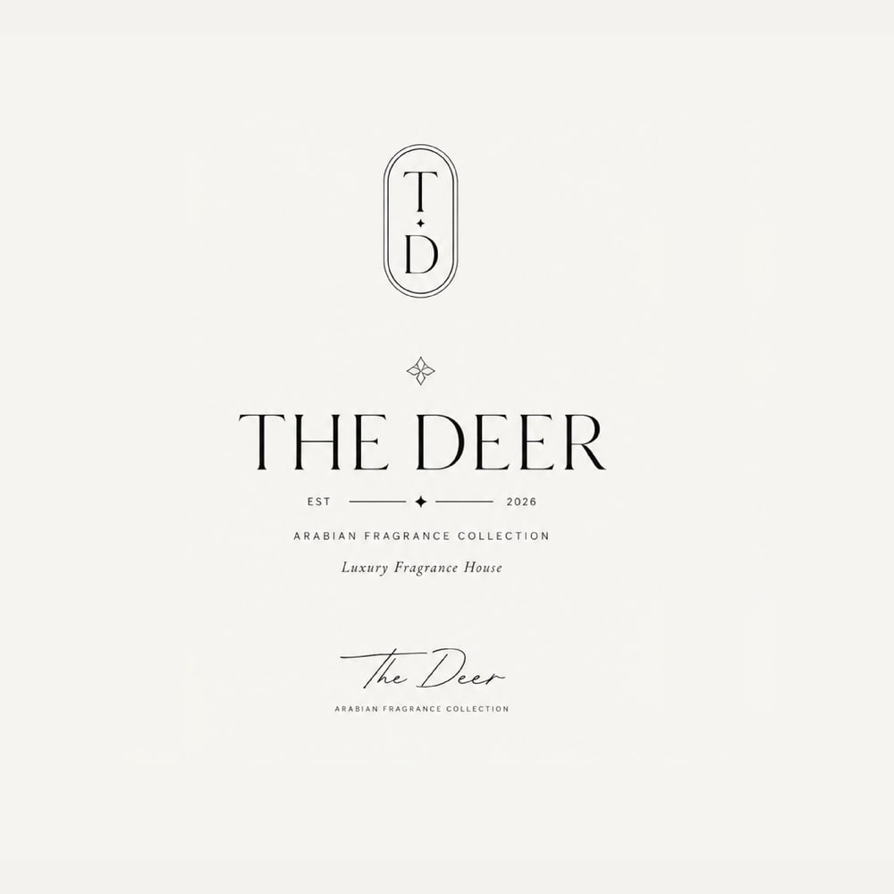 The Deer identity with T·D monogram, wordmark and script signature on ivory.