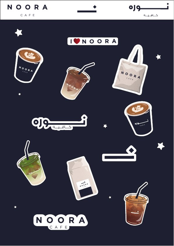 A Noora Cafe sticker sheet with drinks, wordmarks and bilingual marks.