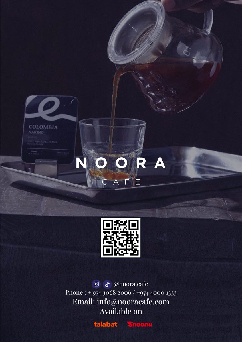 The back side of the Noora Cafe printed profile with contact details.