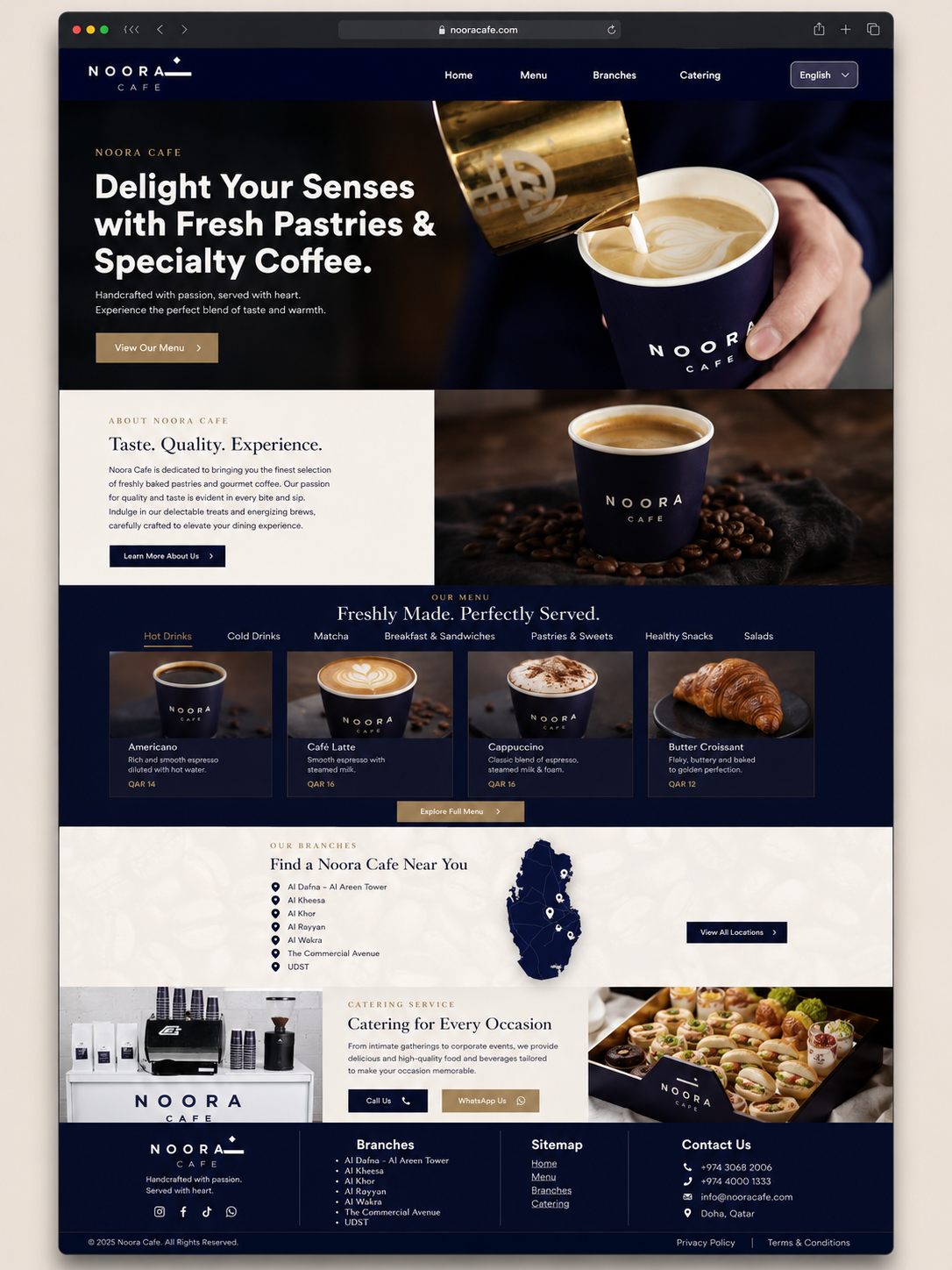 The Noora Café website shown as a full browser mockup.