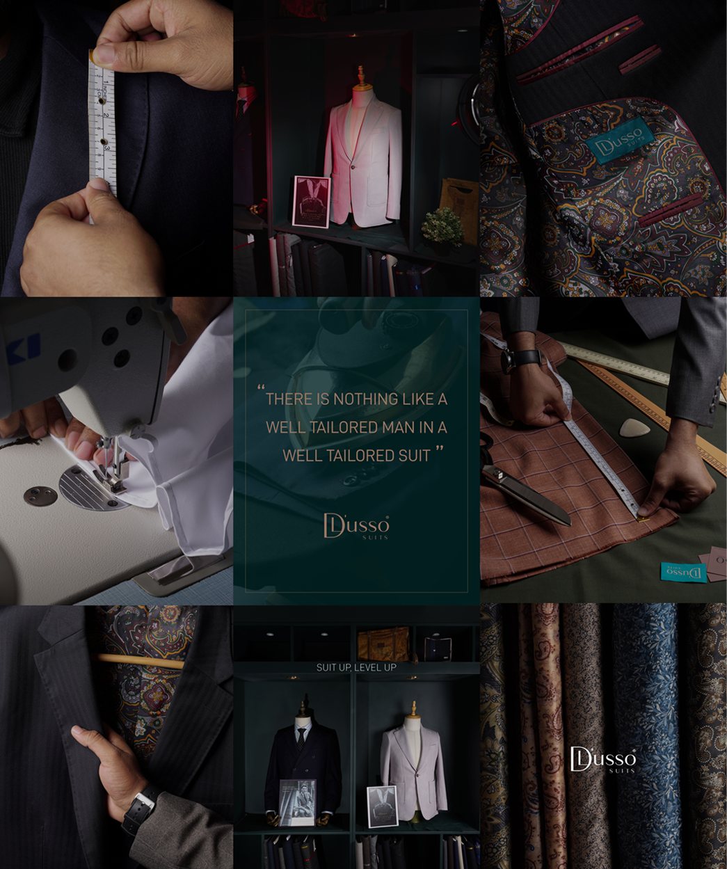 The D'Lusso atelier — forest-green wardrobe joinery with finished jackets and cloth rolls