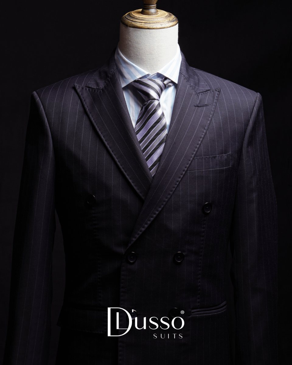 D'Lusso Bespoke double-breasted pinstripe suit on a tailor's mannequin