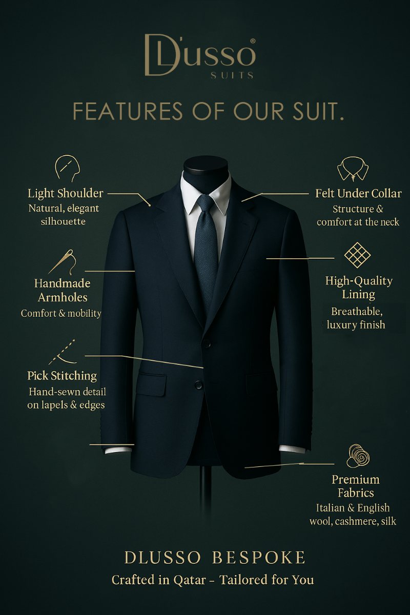Features of our suit — annotated anatomy of shoulder, collar, lining and stitching