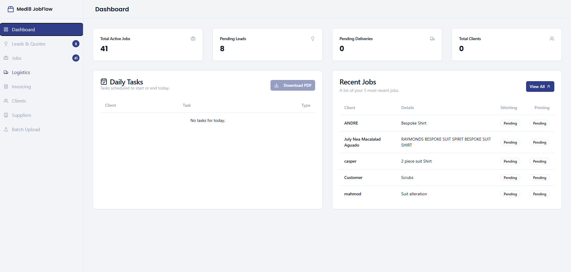 Medi8 JobFlow dashboard