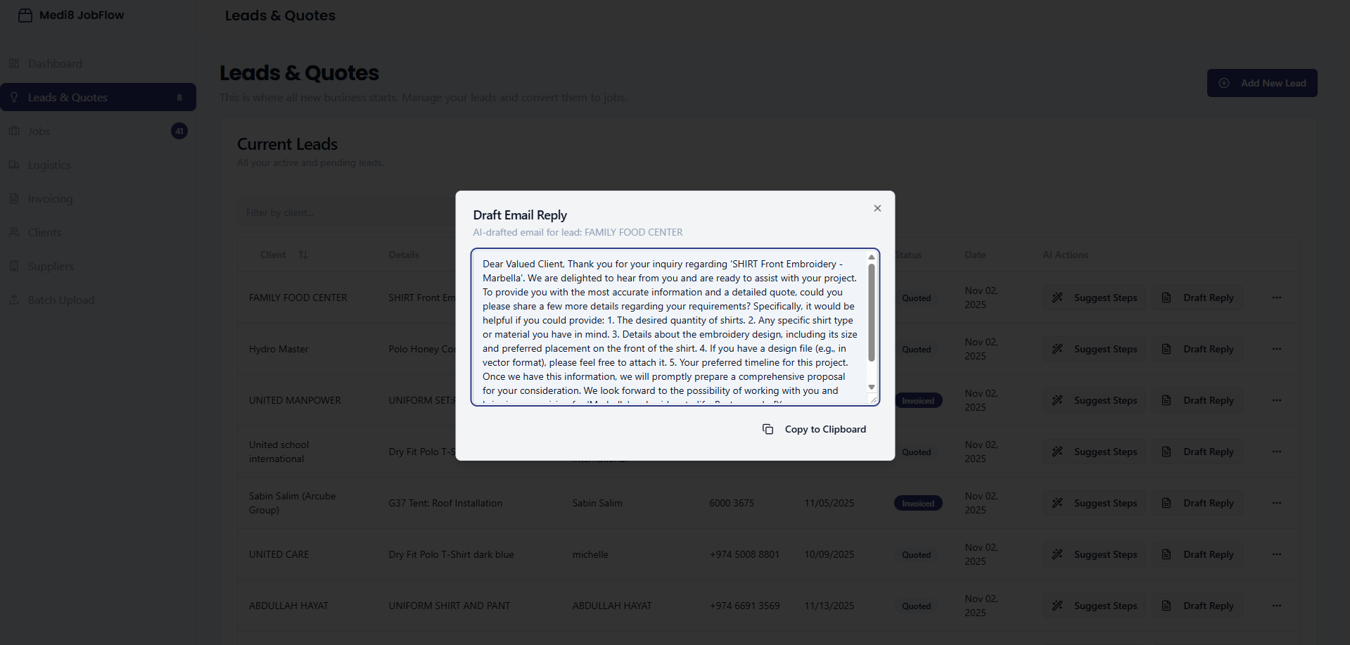 AI drafted email reply modal