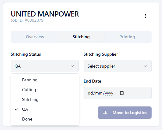 Stitching status dropdown on a job card