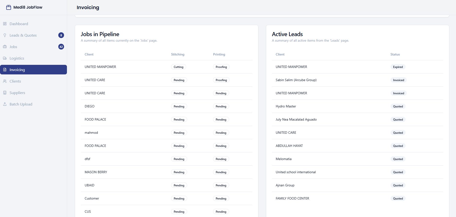 Invoicing master view with pipeline and active leads
