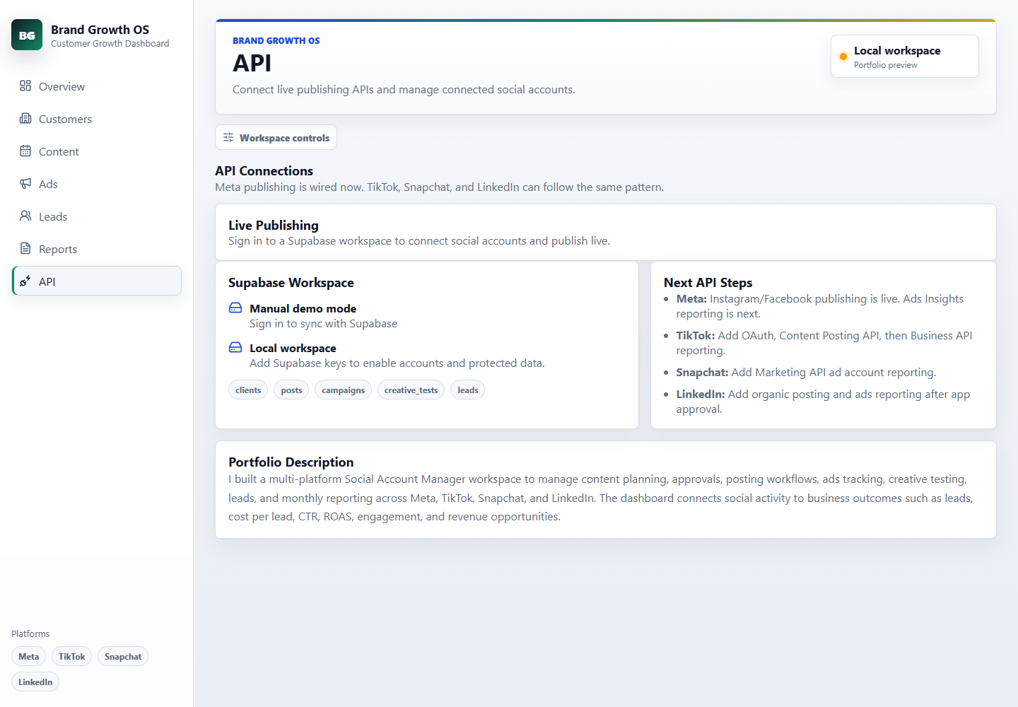 API connections screen